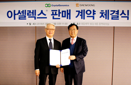 12일 서울 강남구 대웅제약 본사에서 조중명 크리스탈지노믹스 대표(왼쪽)와 이종욱 대웅제약 부회장이 계약을 체결하고 기념 촬영을 하고 있다.    크리스탈지노믹스 제공